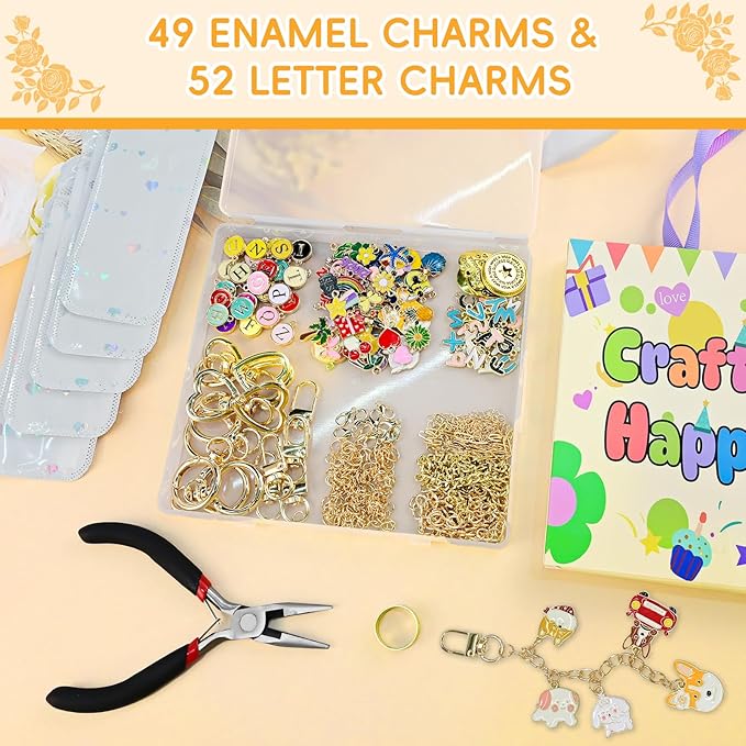 VvLons 323Pcs Keychain Making Kit, Lip Gloss Keychain Making Kit Including 101 Charms 15 Clips 20 Extender Chain, Jewelry Making Kit for Bags Keychains Christmas Gifts Craft Supplies