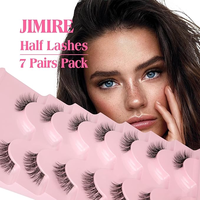 JIMIRE Half Lashes with Clear Band Cat-Eye Lashes Fluffy Wispy Accent False Eyelashes Natural Look Handmade Soft DIY Cluster Lashes Pack 7 Pairs