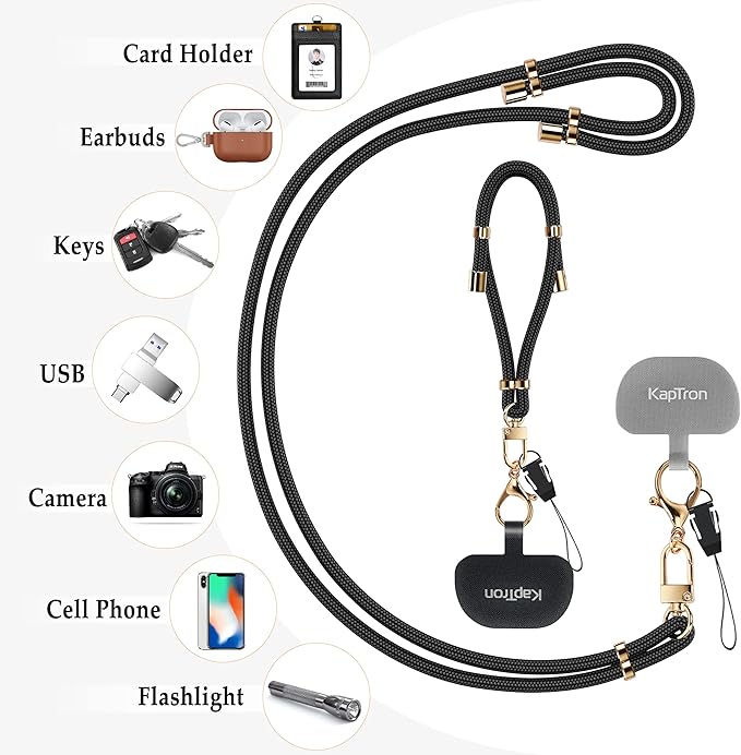 Kaptron 2Pcs Cell Phone Lanyard: Universal Adjustable Crossbody Phone Strap and Wrist Strap, with 2 Lobster Clips and 2 Tether Patches, Compatible with Most iPhone and Android Smartphones (Black/Gold)