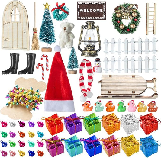 61Pcs Doll House Christmas Hat Decoration Miniature Dollhouse Accessories String Fake Light Door Mini Xmas Tree 1:12 Model Pretend Toys DIY Festival Party Wreath Snowman Fairy Cane Candy Garden