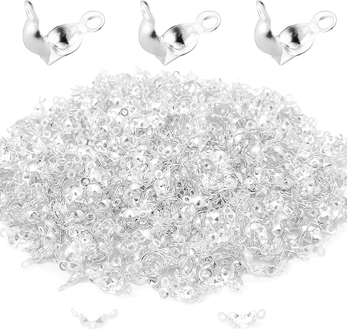 1600Pcs Bead Tips Knot Covers Clamshell Fold-Over Bead Tips Knot Covers Metal Open Bead Tips Knot Covers Iron Clamshells Terminators Wire Crimp End Caps for Jewelry Making Craft DIY (Silver)
