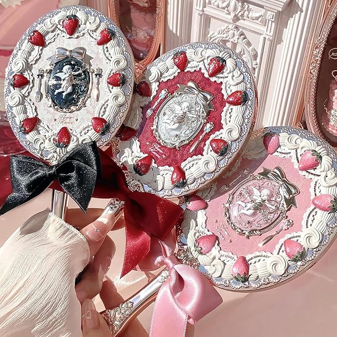Flower Knows Strawberry Cupid Hand Mirror,Vintage Handheld Mirror,Fancy & Pretty Princess Mirror with Long Handle,Gift for Girls & Women(Red Velvet)