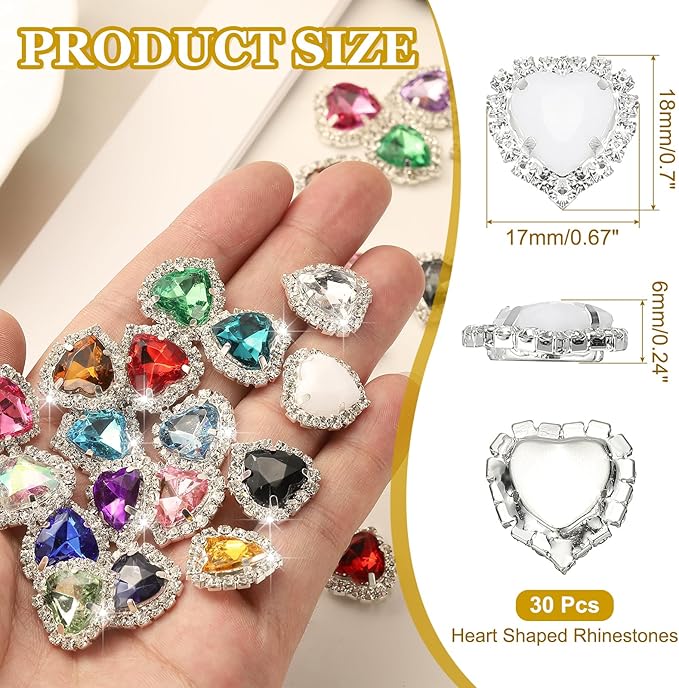 PATIKIL 30PCS Heart Rhinestones, Sew on Rhinestones Buttons Crystal Heart Nail Charm Embellishment Flatback Diamond for Sewing DIY Clothing Wedding, White