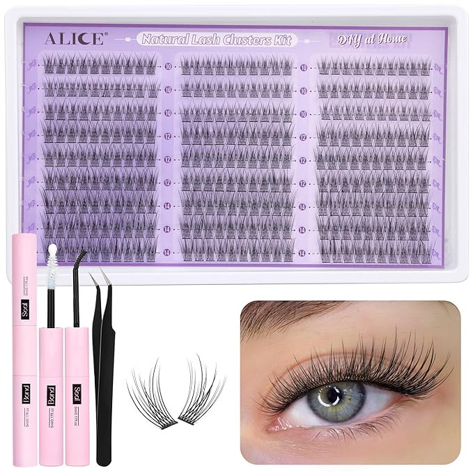 ALICE Natural Lash Clusters Kit Wispy Lash Extension Kit Thin Band Cluster Eyelash Extension Kit 270pcs C-Curly 10-14mm Individual Lashes with Lash Glue Bond and Seal Self Application at Home
