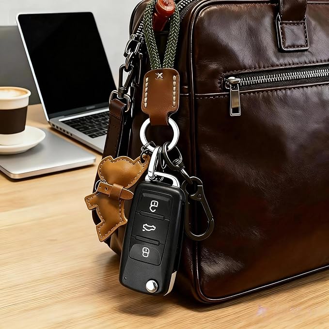 Handmade French Bulldog Keychain - Genuine Cowhide Leather & Braided Rope Car Key Fob Holder with D-Ring & Quick-Release, Cute Puppy Bag Charm Gift for Women Men (Brown Leather Green Rope)