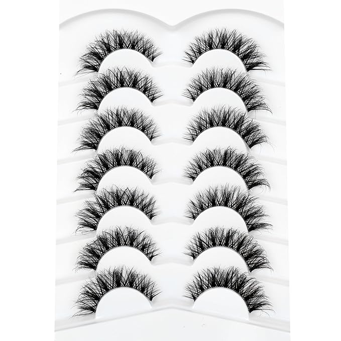 Pooplunch False Eyelashes Wispy Cat Eye Lashes Natural Short 8D Faux Mink Lashes Fake Eyelashes Strips 7 Pairs Pack