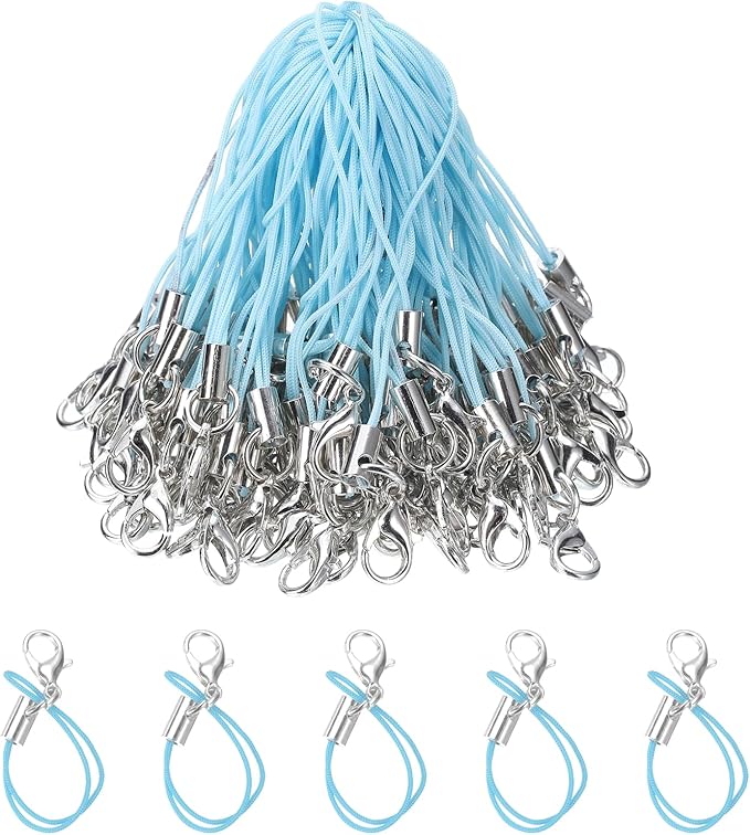 HARFINGTON 100Pcs Clasp Cords Clasp Strap Lanyard Charm Short Finger Rope with Lobster Clasp for Cellphone Cases Keychain DIY Jewelry Making, Lake Blue