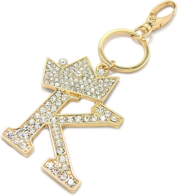 CBC Crown Crystal Rhinestone Letter Initial Keychain, Gold Metal, Bag Charm with Key Ring Approx. 2.17" x 2.56"