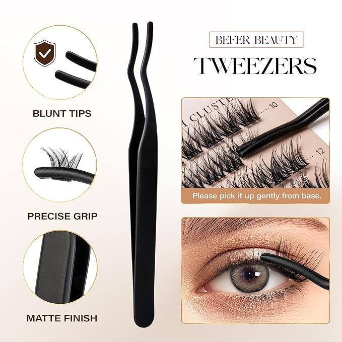 BEFER Lash Clusters Kit, 144 Pcs D Curl Eyelash Clusters Volume Individual Lashes Extensions Bond and Seal Gentle Remover 10-16MM Wispy Eyelash with Tweezers DIY At Home(Radiance, FD03 Kit)