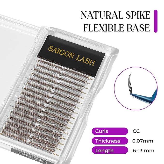 SAIGON LASH Foxy Effect Promade Fans – Wispy Volume Lashes, CC Curl 0.07, 6–13mm Mixed Length, Handmade Loose Lash Extensions for Natural Lift (Dark brown-CC-0.07-6 - 13mm)
