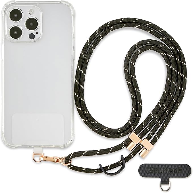 Universal Phone Lanyard, Anti-Theft Crossbody Strap for iPhone 16 Pro Max and Most Smartphone, Adjustable Cell Phone Neck Holder w/2 Non-Adhesive Tether Tab for Men and Women, Black-Gold/Gold