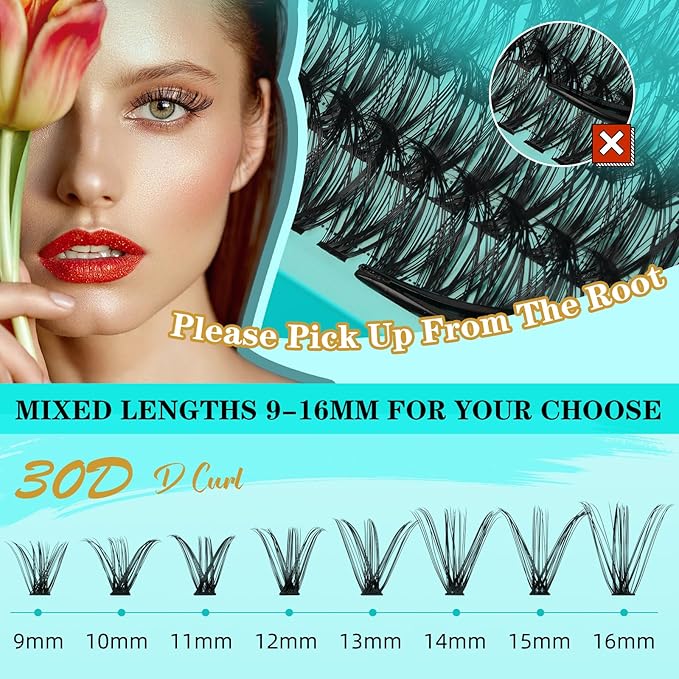 Lash Clusters Kit 240PCS Eyelash Extension Kit D Curl Wispy Clusters Lash DIY Lashes Extensions Kit Natural Individual Lashes Kit with Lash Bond and Seal Eyelash Tweezer(30D,D-Mix9-16mm)