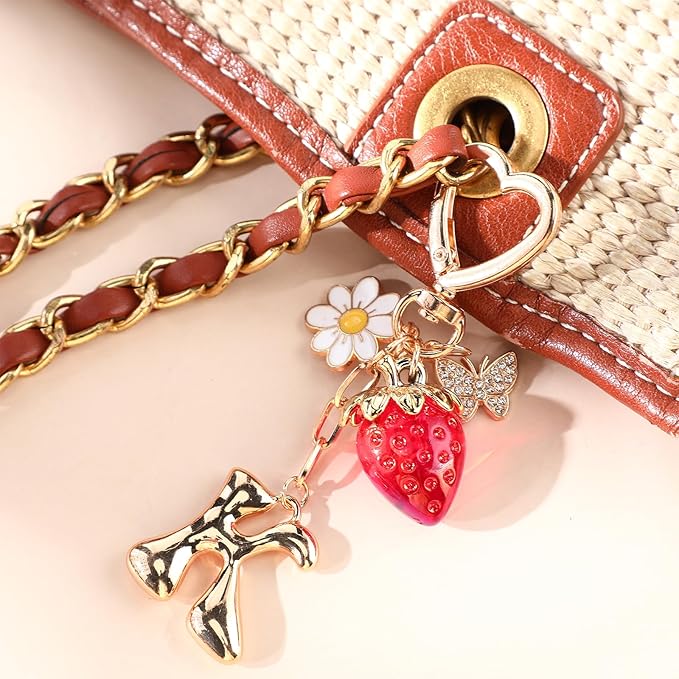 Strawberry Initial Keychain for Women-Cute Kawaii Gold Alphabet Bag Charms, Key chain Gift for Purse Handbag