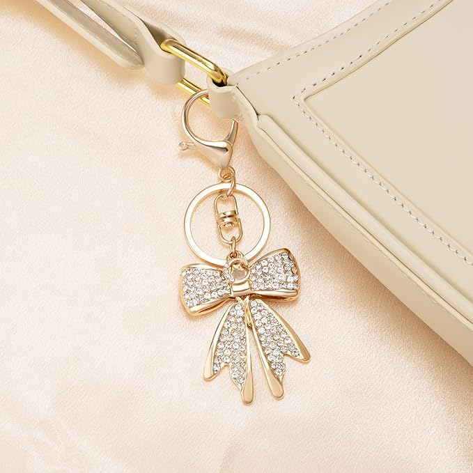 XGALBLA Sparkly Cute Initial Letter Rhinestone Bow Keychain for Women Gold Tone Bag Charms Coquette Aesthetic Purse Charms
