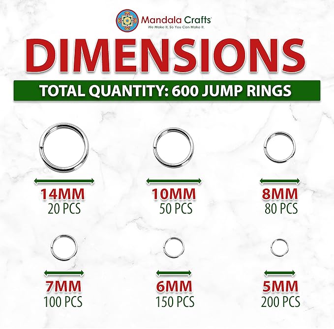 Mandala Crafts Assorted Stainless Steel Double Jump Rings for Jewelry Making - 600 Pcs Small Split Key Rings Set for Crafts, DIY Keychains, and Accessories