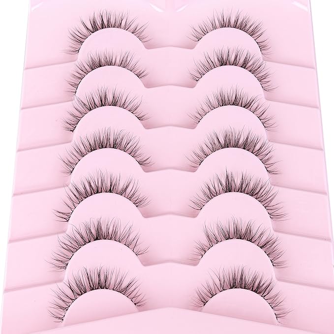 Siligli Eyelashes Natural False Lashes 14mm Eye Lashes with Thin Band 3D Volume Fake Eyelashes C Curl Wispy Lashes Natural Look 7 Pair