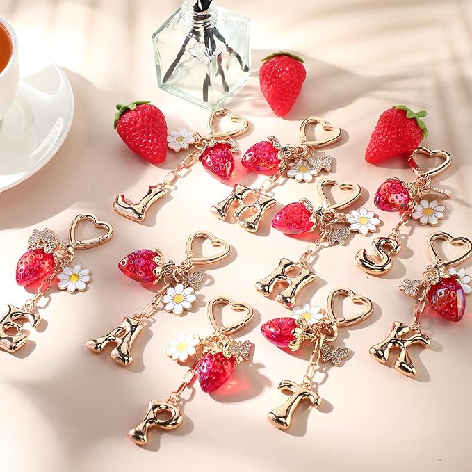 Strawberry Initial Keychain for Women-Cute Kawaii Gold Alphabet Bag Charms, Key chain Gift for Purse Handbag