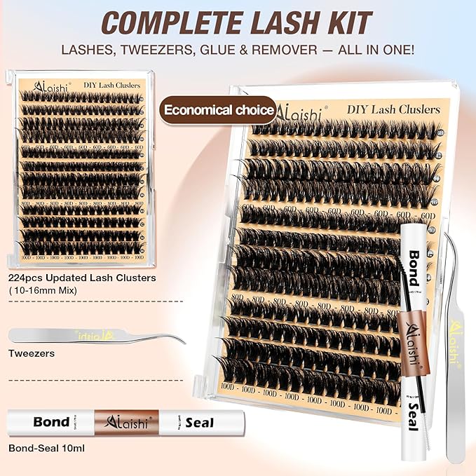 AILAISHI Lash Clusters Kit, DIY Cluster Eyelash Extensions 9‑16mm, 60D+80D+100D, 224pcs Fluffy D Curl Natural Lashes with Bond & Seal,Tweezers–Fake Cat Eye Individual Clusters