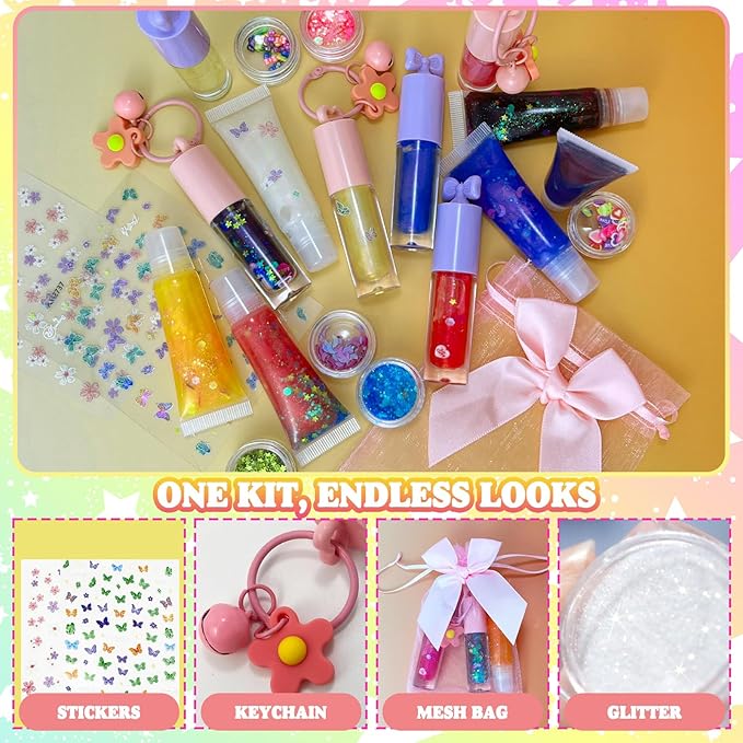 Thaluna Lip Gloss Making Kit, Lip Gloss Set for Teens Kids Lip Kit Fun DIY Lipgloss Making Kit, Make Your Own Lip Gloss Kit, Moisturizing Glitter Keychain Kids Gifts Tweens Girls Trendy Stuff 10-12