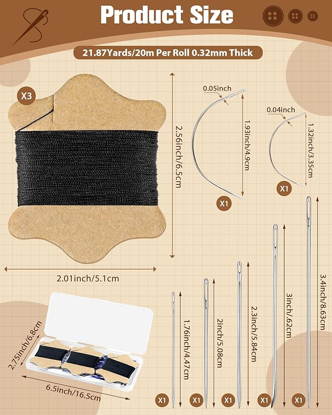 FIVEIZERO Upholstery Repair Sewing Kit, Leather Sewing Kit, 63 Yards Upholstery Thread& 7Pcs Heavy Duty Needles, Leather Thread, Curved Needles for Quilting & Hand Stitching (Black)