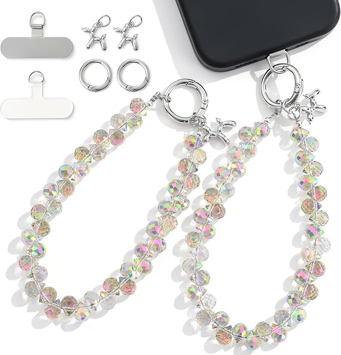2pcs Crystal Phone Wrist Strap Phone Charm Chain Keychain Beaded Cellphone Lanyard with Tether Tab Hands-Free Wristlet Bracelet Wrist Grip Strap for Women, D-Crystal AB