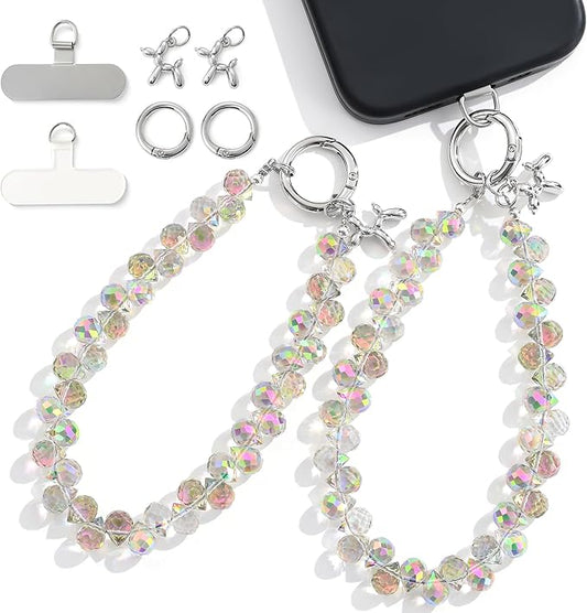 2pcs Crystal Phone Wrist Strap Phone Charm Chain Keychain Beaded Cellphone Lanyard with Tether Tab Hands-Free Wristlet Bracelet Wrist Grip Strap for Women, D-Crystal AB