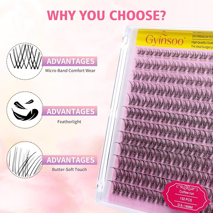 Gyinsoo DIY Lash Extension Kit "Coffee Run" - 132Pcs Natural Wispy Cluster Lashes (8-18mm Mix) with Bond and Seal - D Curl Airy Individual Lashes for Effortless Daily & Office Look