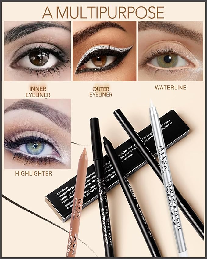 Nude Beige & Black Water Line Gel Eyeliner Pencil-2Pcs Waterproof Smudge-Proof Cream Eye Liner Waterline Pen, Smooth Easy-to-Sharpen Pencil with Sharpener, Longlasting Eye Makeup Gift for Older Women