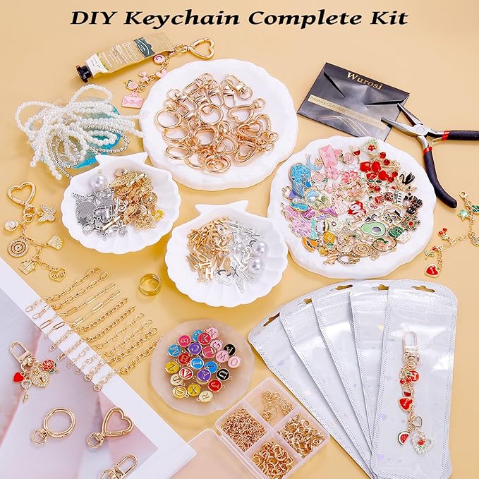 Wurosi 544Pcs Lip Gloss Keychain Making Kit with Charms, Including 24 Keychains Clips 30 Extender Chain 198 Charm Jewelry Plier, DIY Keychains Kit, for Keychain Making Supplies, Christmas Gifts