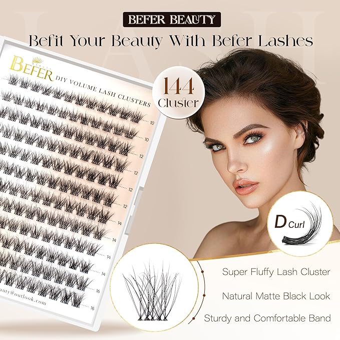 BEFER Lash Clusters, 144 Pcs 3D Curl Eyelash Clusters Volume Individual Lashes Extensions 10-16MM Wispy Eyelash DIY At Home(Free, ZE05)