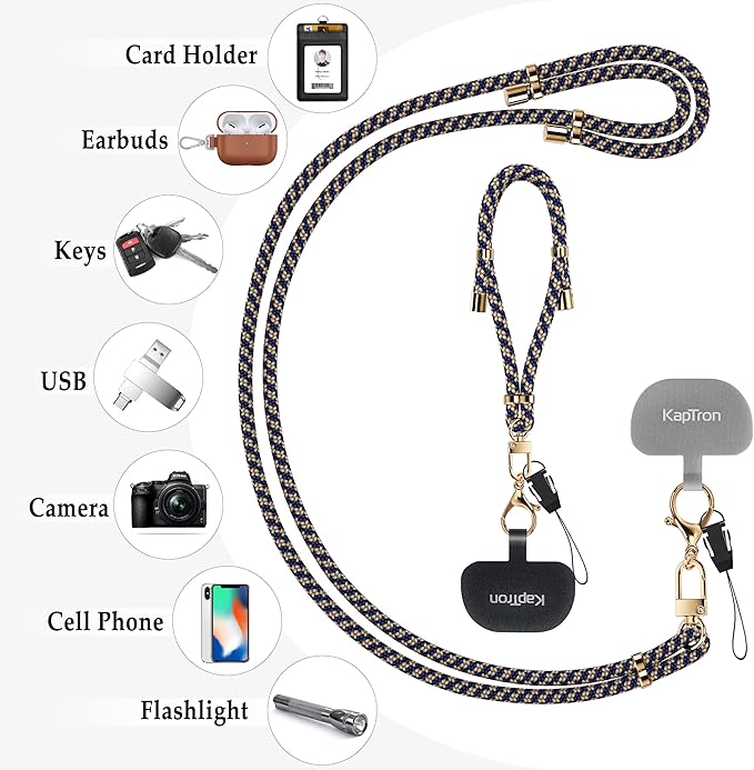 Kaptron 2Pcs Cell Phone Lanyard: Universal Adjustable Crossbody Phone Strap and Wrist Strap, with 2 Lobster Clips and 2 Tether Patches, Compatible with Most iPhone and Android Smartphones