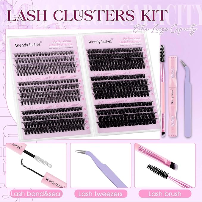 Lash Clusters Kit 30D+40D+50D+60D+80D+100D Wispy Individual Lashes Kit D-Curly Volume Lash Extensions 10-16mm Natural DIY Cluster Lashes Kit for Beginners