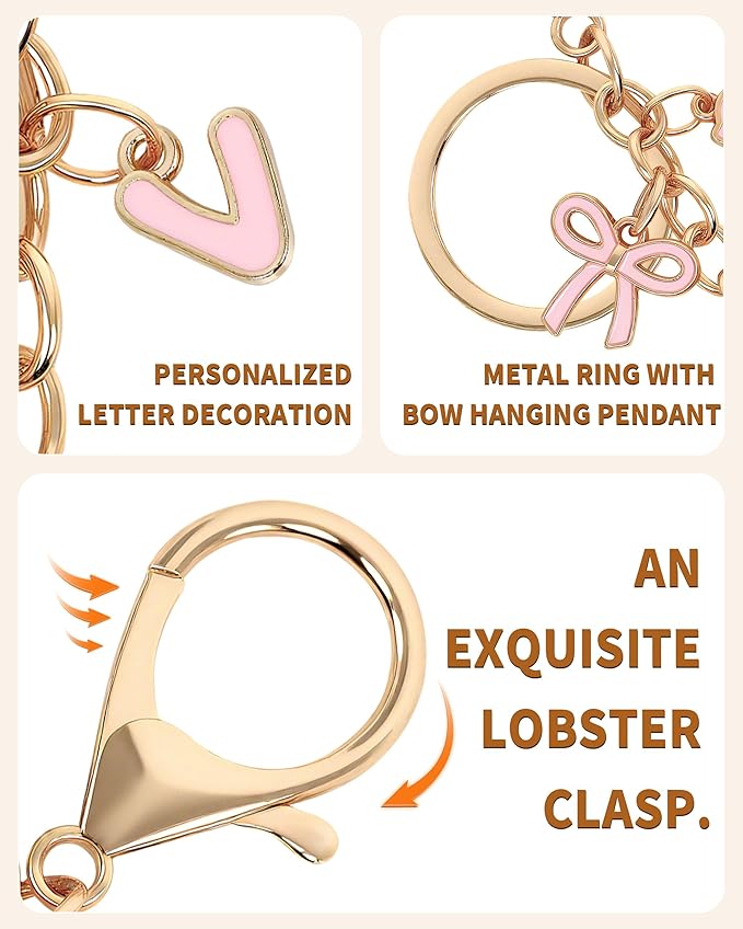 Bow Purse Charms Keychain - Pink Bow Alphabet Letter Key Chain, Bag Charms Wallet