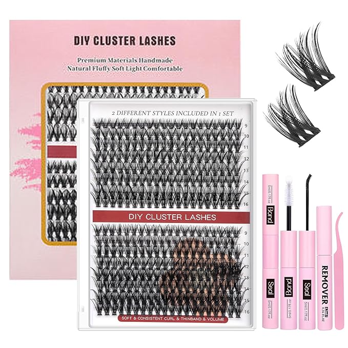 Feinner Lash Clusters Kit, Wispy Eyelash Clusters Lashes Natural DIY Lash Extension Kit, 8-16mm Cluster Eyelash Extensions Kit with Lash Bond and Eyelash Remover (30d+40d)