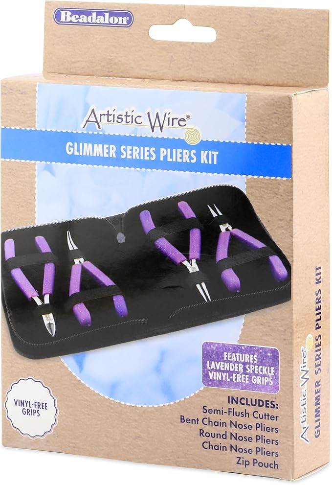 Beadalon Designer Series Glimmer Pliers Kit, Lavender Speckle Vinyl-Free Grips, Chain, Bent Chain, Round, Semi-Flush Cutter, 4.75 in ea, 4 pc with Zip Pouch