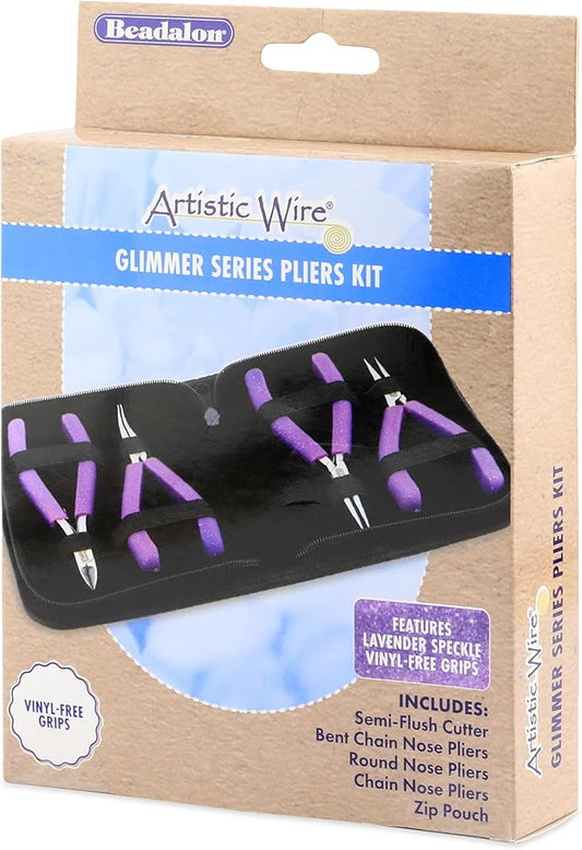 Beadalon Designer Series Glimmer Pliers Kit, Lavender Speckle Vinyl-Free Grips, Chain, Bent Chain, Round, Semi-Flush Cutter, 4.75 in ea, 4 pc with Zip Pouch