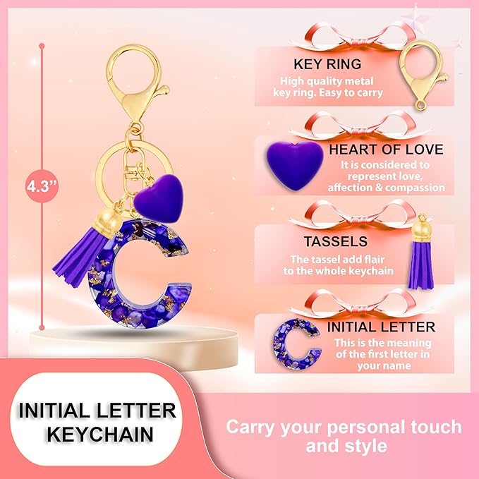 Initial Keychains for Women with Cute Heart Resin - Alphabet Letter Keychain for Bag, Backpacks, Purse or Car key