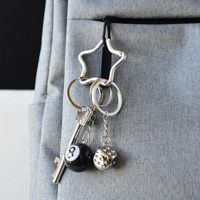 8 Ball Keychain Silver Star Key Chain Bottle Opener Dice Cute Bag Charm Decor for Handbag Backpack Gift for Him Her
