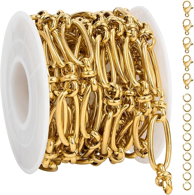 2 Meters Gold Plated Jewelry Making Chain Stainless Steel Long Oval Link Chains Bulk with Jump Rings and Lobster Clasps