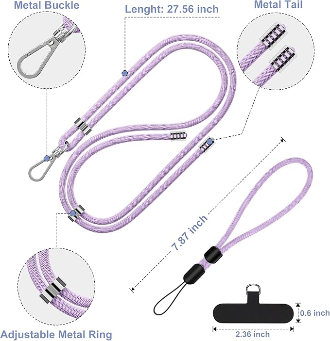 takyu Phone Lanyard, 2 Pack Adjustable Cell Phone Lanyard Crossbody Neck Strap & 2 Pack Phone Wrist Strap with Tether Tabs Compatible for iPhone Android Smartphones-Black Purple