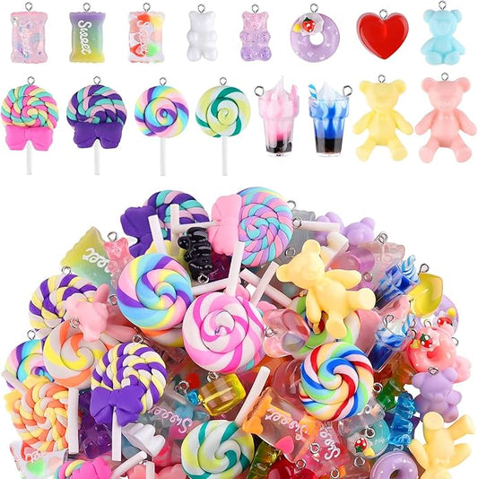 Kalolary 90PCS Candy Pendant Charms Colorful Polymer Clay Sweet Lollipop Charms Bear Charm Cute Ice Cream Pendant Ornaments for Women Girls Necklace Bracelet DIY Jewelry Craft