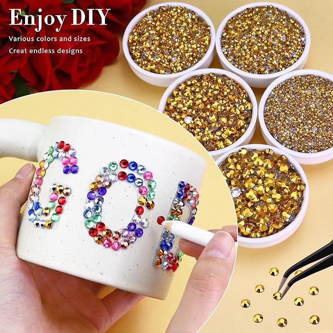 25000PCS Gold Jelly Non-Hotfix Resin Rhinestones, Mixed 2MM 3MM 4MM 5MM 6MM Flatback Rhinestone for Crafts Tumblers Bags Graduation Cap Celebration Makeup Bling Decoration