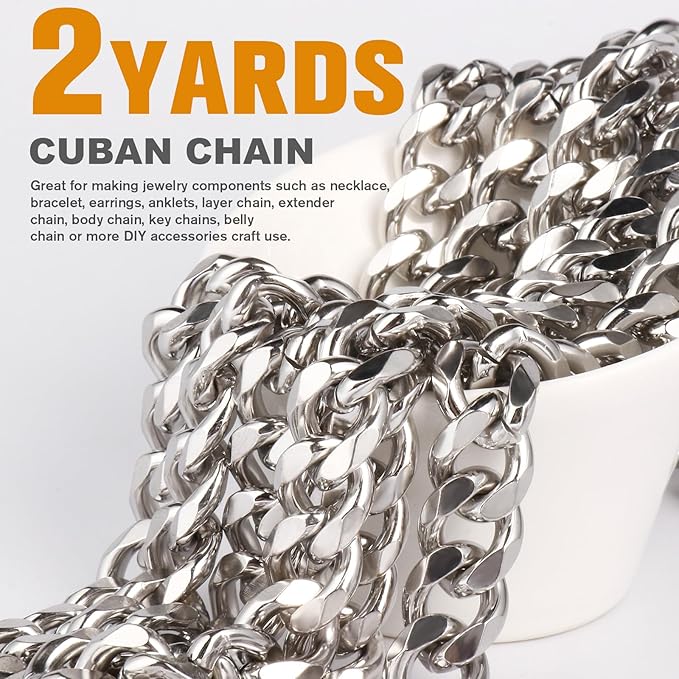2Yards Stainless Steel Cuban Chain Roll 12.7MM Stainless Steel Curb Link Chain Spool Bulk for Jewelry Making