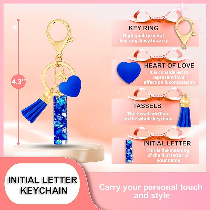 Initial Keychains for Women with Cute Heart Resin - Alphabet Letter Keychain for Bag, Backpacks, Purse or Car key
