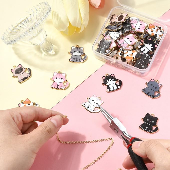 Stiesy 45 Pcs 9 Colors Enamel Cat Charms for Jewelry Making Kawaii Printed Kitten Animal Bracelet Charms for Jewelry Making Crafts DIY Necklace Earring