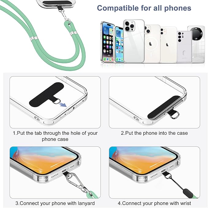 takyu Phone Lanyard, 2 Pack Adjustable Cell Phone Lanyard Crossbody Neck Strap & 2 Pack Phone Wrist Strap with Tether Tabs Compatible for iPhone Android Smartphones-Black Green
