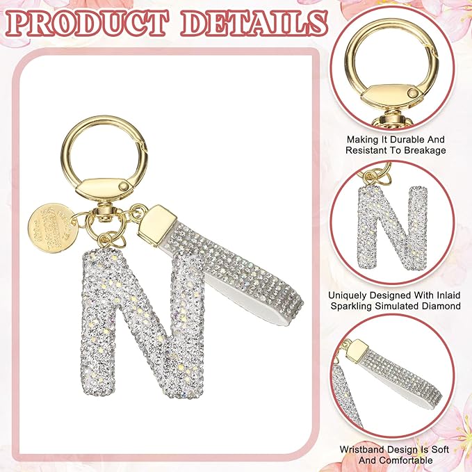 PATIKIL Initial Letter Keychain, Cute Sparkly Rhinestone Key Chain Alphabet Charm for Car Keys Handbags Purse