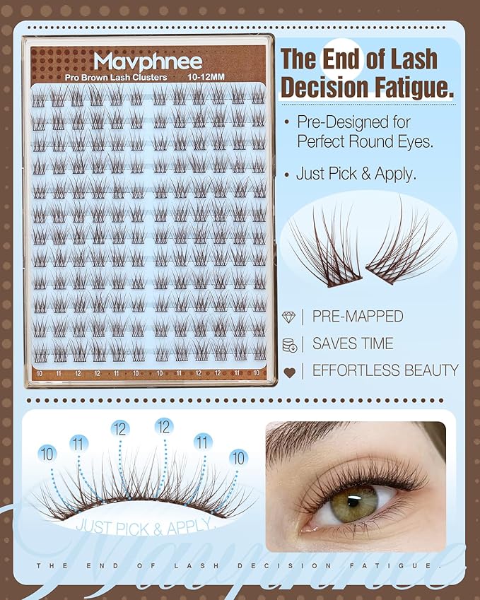 Brown Lash Clusters 10-12MM Pre-Mapped Eyelash Clusters Natural Cluster Lashes Individuals Short Wispy Cluster Eyelash Extensions Open Eye Lashes Clusters Fluffy Lash Extensions (C Curve, 144Pcs)