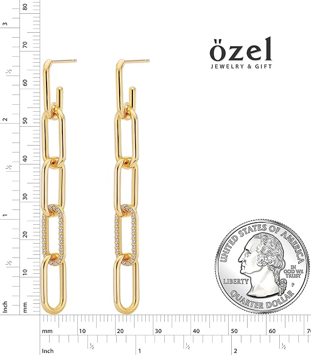 OZEL 14K Gold & Silver Plated Paperclip Chain Earrings with Cubic Zirconia – Dangle, Hoop, Huggie, Stud Styles – Women’s Fashion Jewelry Gift
