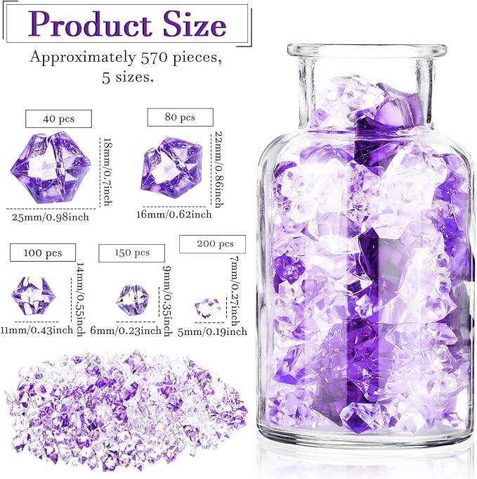 Syhood 570 Pcs 5 Sizes Purple and Clear Fake Crushed Ice Rocks Violet Acrylic Diamonds Plastic Gemstones Treasure Crystal Gems for Vase Fillers Table Scatter Centerpieces Wedding Decoration